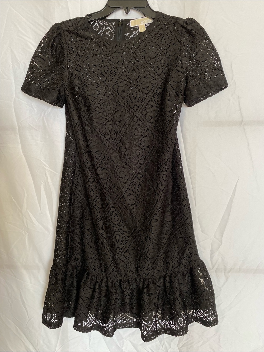 MICHAEL Michael Kors Black Eyelet Lace Midi Dress with Ruffled Hem